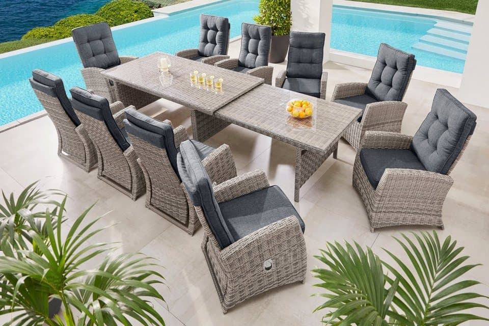 KONIFERA Garten-Essgruppe Monaco, (Set, 31-tlg., 10x Sessel, 1xTisch 200-366x100x75,5cm, inkl. Auflagen, Polyrattan,Alu), Rückenlehne verstellbar, Tischplatte aus 5mm starkem Sicherheitsglas - Thumbnail 22