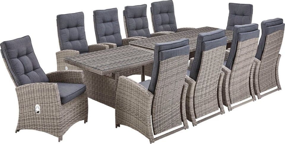 KONIFERA Garten-Essgruppe Monaco, (Set, 31-tlg., 10x Sessel, 1xTisch 200-366x100x75,5cm, inkl. Auflagen, Polyrattan,Alu), Rückenlehne verstellbar, Tischplatte aus 5mm starkem Sicherheitsglas - Thumbnail 12