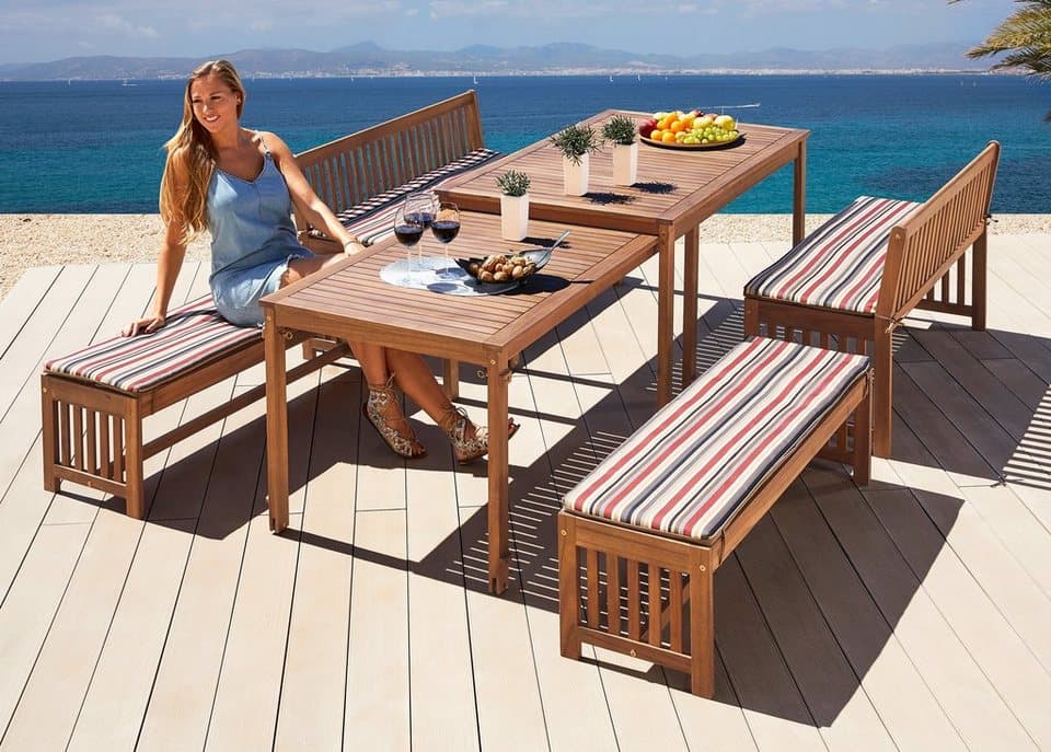 MERXX Garten-Essgruppe Hawaii, (4x Bänke, 2x Tische, 4x Sitzkissen), Akazienholz FSC® 100 % - Thumbnail 15