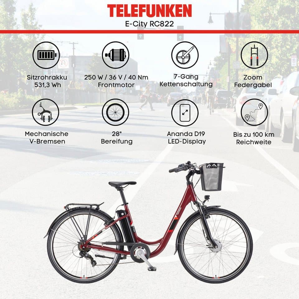 Telefunken E-Bike Cityrad Multitalent RC822, 7 Gang Shimano Tourney Schaltwerk, Kettenschaltung, Frontmotor, 531,3 Wh, (Beleuchtung, Straßenzulassung, ca. 100 km Reichweite, 2 V-Bremsen), Elektrofahrrad, Damen Herren, 28 Zoll, 36,9 V, 531,3 Wh Akku, Pedelec - Thumbnail 3