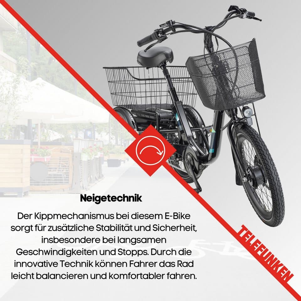 Telefunken E-Bike Dreirad TC550, 3 Gang Shimano Nexus Schaltwerk, Nabenschaltung, Frontmotor, 536,5 Wh, tiefer Einstieg, Pedelec, inkl. Einkaufskorb - Thumbnail 7