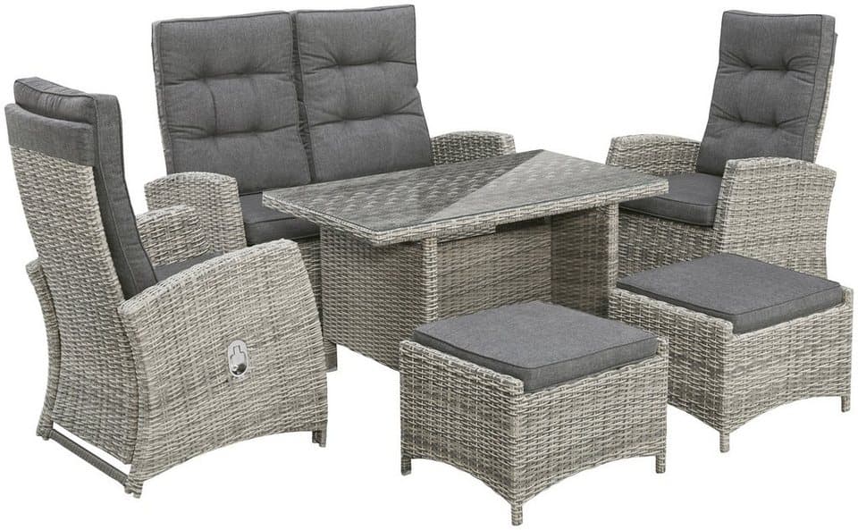 KONIFERA Garten-Essgruppe Monaco, (Set, 16-tlg., 1x2er Sofa, 2x Sessel, 2x Hocker, 1x Tisch 120x70x66cm, inkl. Auflagen), Polyrattan, Aluminium, Rückenlehne verstellbar, Grau - Thumbnail 2