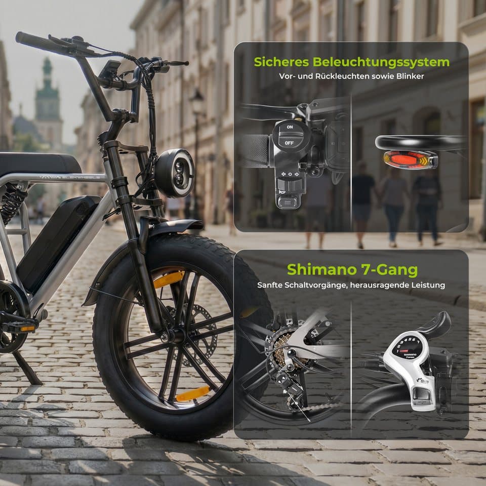 Vankel E-Bike Cityrad E6-2.0 Elektrofahrrad 20” x 4 Damen u. Herren Pedelec 720Wh Max.108KM, 7 Gang Shimano, Kettenschaltung, Heckmotor, 720 Wh, (mit Akku-Schlüssel, Beleuchtungsset, mit Akku-Ladegerät, mit Werkzeug), Pedelec, Elektrofahrrad E-Mountainbike für Erwachsene, E-bikes - Thumbnail 9