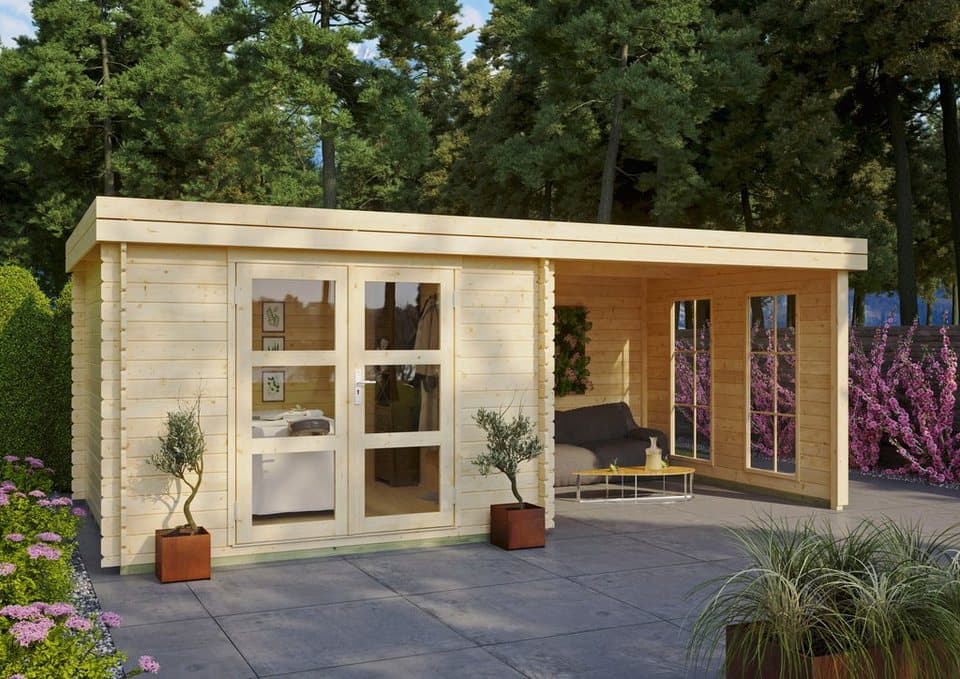 KONIFERA Gartenhaus Acrux aus skandinavischem Fichtenholz, Wandstärke 28 mm, BxT: 585x312 cm, mit seitlichem Anbau, inklusive Fußboden