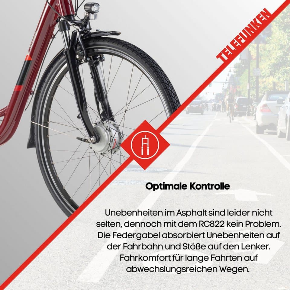 Telefunken E-Bike Cityrad Multitalent RC822, 7 Gang Shimano Tourney Schaltwerk, Kettenschaltung, Frontmotor, 531,3 Wh, (Beleuchtung, Straßenzulassung, ca. 100 km Reichweite, 2 V-Bremsen), Elektrofahrrad, Damen Herren, 28 Zoll, 36,9 V, 531,3 Wh Akku, Pedelec - Thumbnail 5