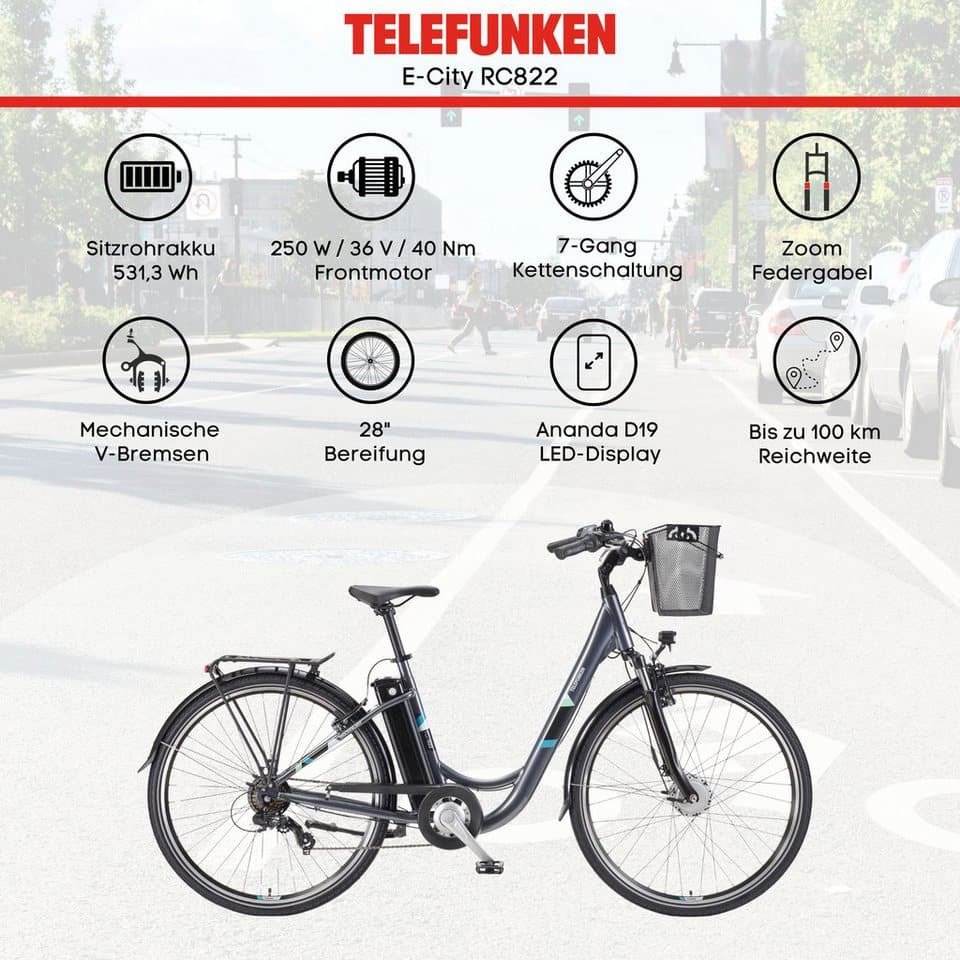Telefunken E-Bike Cityrad Multitalent RC822, 7 Gang Shimano Tourney Schaltwerk, Kettenschaltung, Frontmotor, 531,3 Wh, (Beleuchtung, Straßenzulassung, ca. 100 km Reichweite, 2 V-Bremsen), Elektrofahrrad, Damen Herren, 28 Zoll, 36,9 V, 531,3 Wh Akku, Pedelec - Thumbnail 3