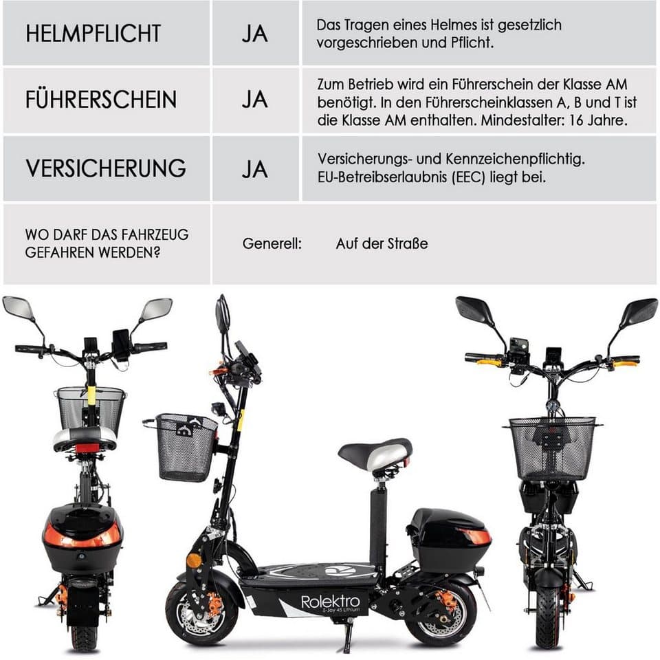 Rolektro E-Motorroller Rolektro E-Joy 45 Lithium, 1000 W, 45 km/h, bis zu 50 km Reichweite, mit USB-Anschluss - Thumbnail 8