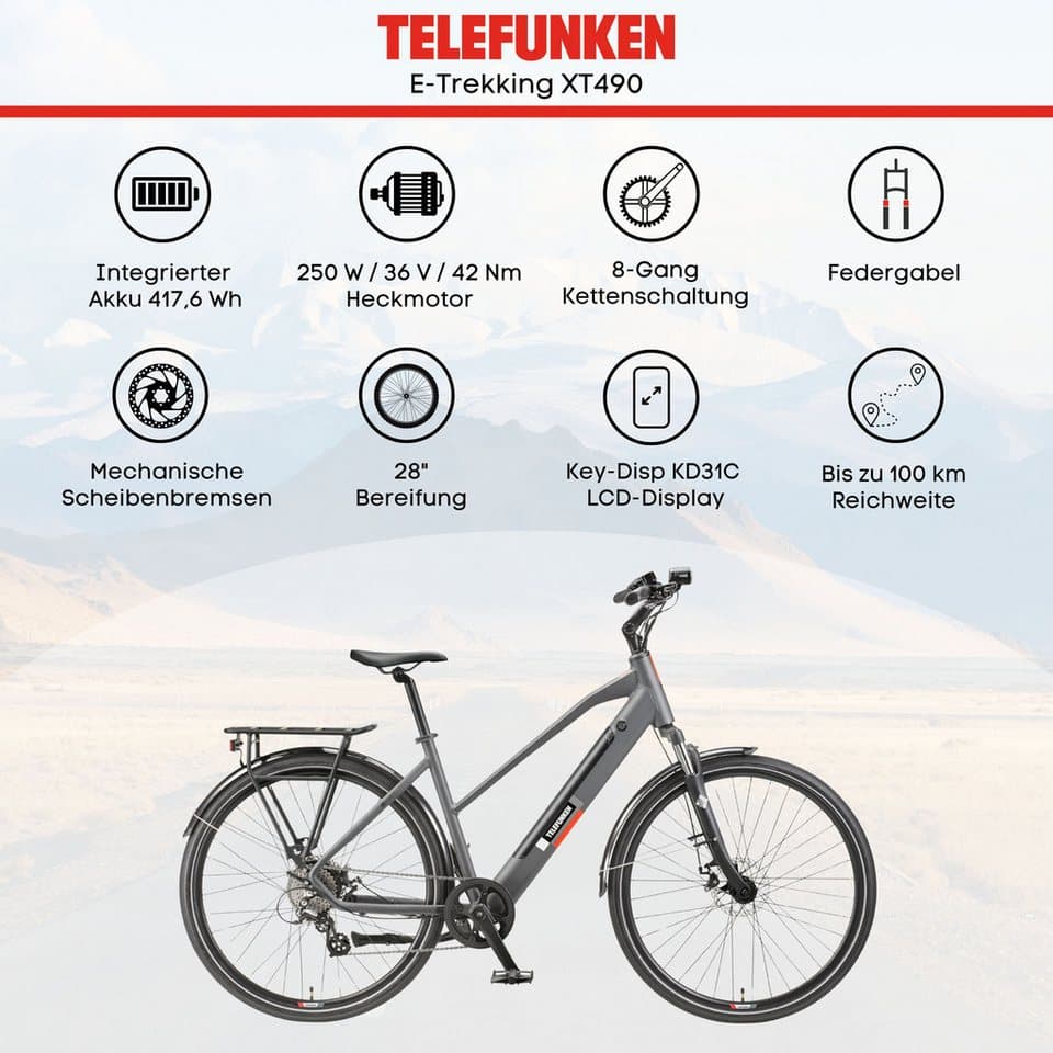 Telefunken E-Bike Trekkingrad E-Trekking Expedition XT490 Damen, 8 Gang Shimano Altus Schaltwerk, Kettenschaltung, Heckmotor, 417,6 Wh, Pedelec, Elektrofahrrad, Damen, innerhalb StVZO, 28 Zoll - Thumbnail 5