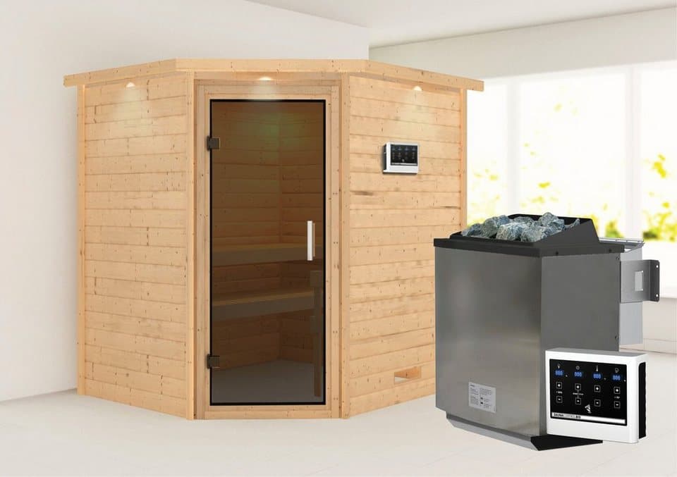 Karibu Sauna Mia (Fronteinstieg), BxTxH: 2240 x 1840 x 2020 cm, 38 mm, Ofen 9 kW Bio externe Strg easy