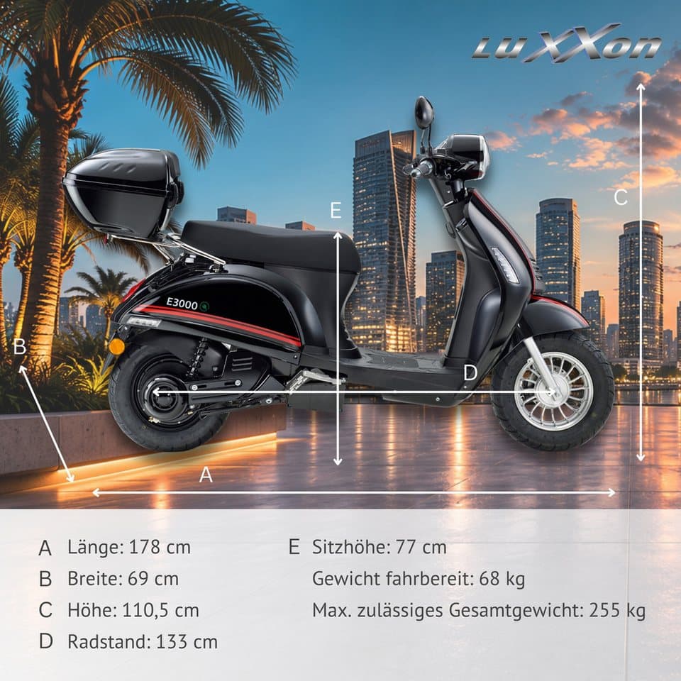 Luxxon E-Motorroller E3000, 3000 W, 45 km/h, bis zu 55 km Reichweite, mit Straßenzulassung, 2 Sitzplätze - Thumbnail 6