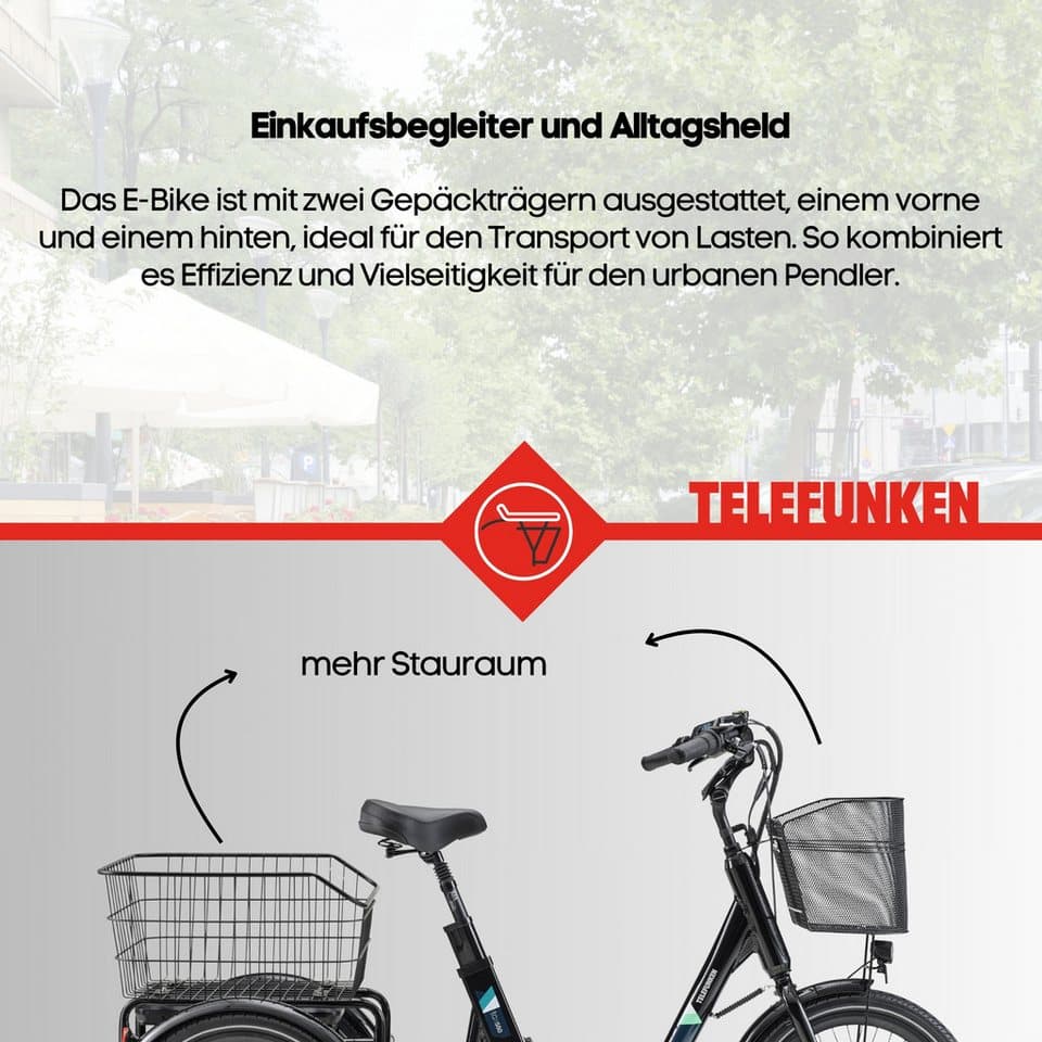 Telefunken E-Bike Dreirad TC550, 3 Gang Shimano Nexus Schaltwerk, Nabenschaltung, Frontmotor, 536,5 Wh, tiefer Einstieg, Pedelec, inkl. Einkaufskorb - Thumbnail 10