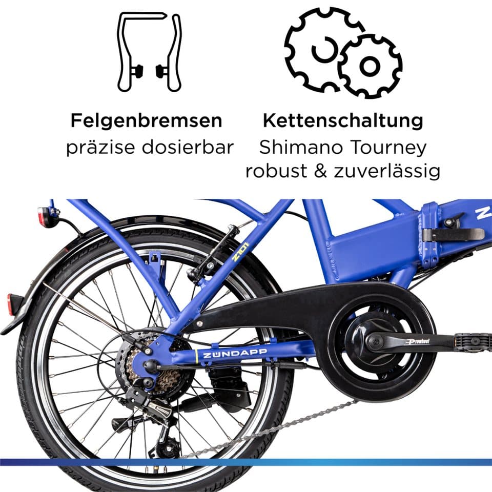 Zündapp E-Bike Klapprad Z101, 6 Gang Shimano Tourney Schaltwerk, Kettenschaltung, Heckmotor, 270 Wh, Pedelec, Elektrofahrrad für Damen u. Herren - Thumbnail 7