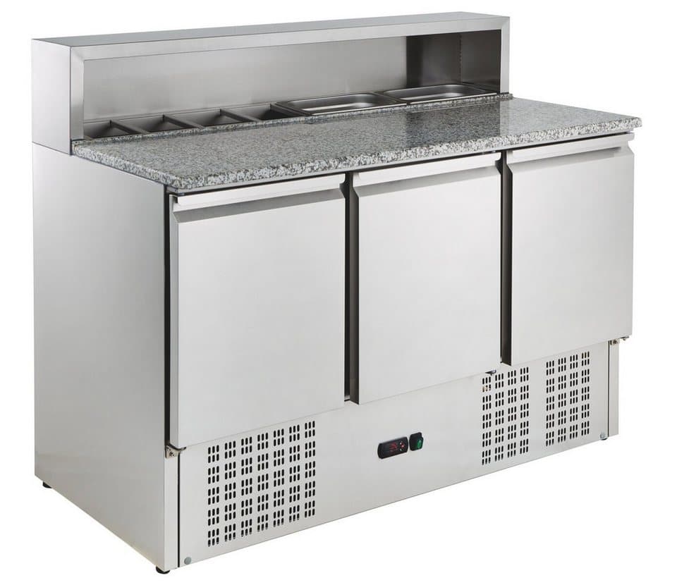 GastroHero Dönergrill Pizzatisch ECO 1365 mit Granitplatte Kühltisch 3 Türen 402L, 450 W