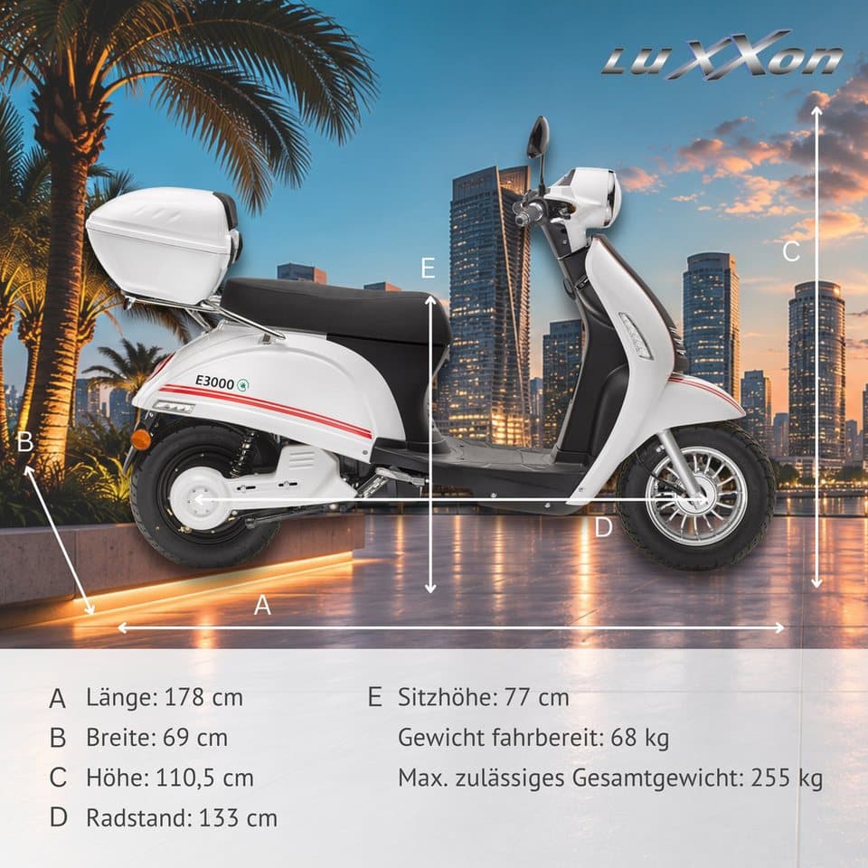 Luxxon E-Mofaroller E 3000, 3000 W, 25 km/h, bis zu 65 km Reichweite, mit Straßenzulassung, 2 Sitzplätze - Thumbnail 8