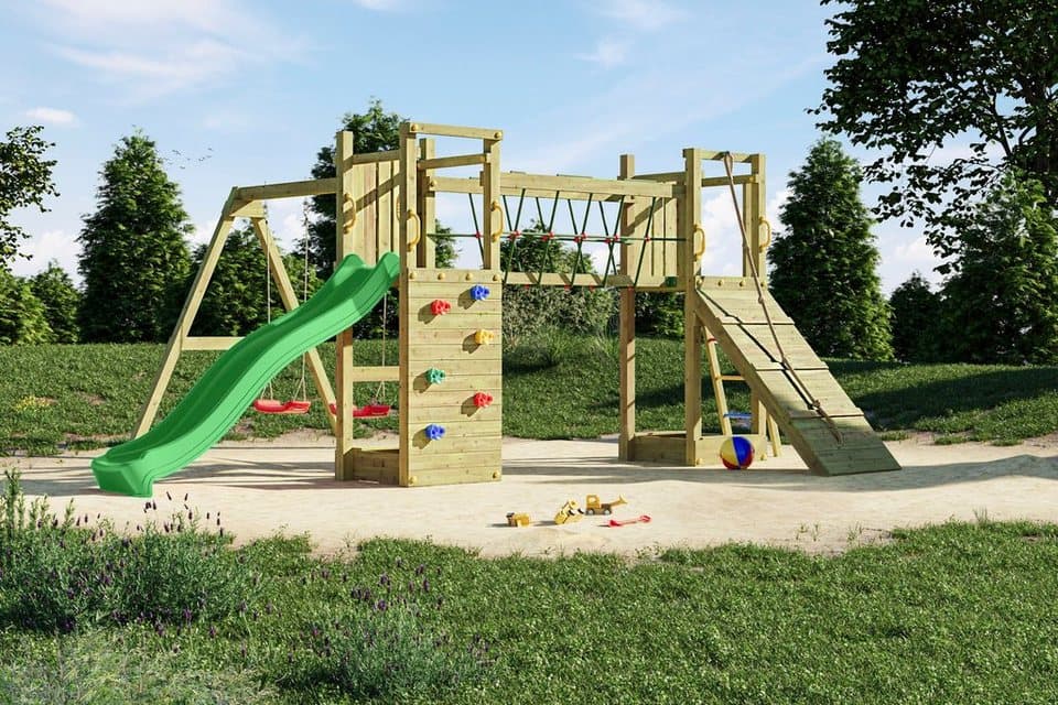 FUNGOO Spielturm Maxi Funny Exposure, Schaukel, Rutsche mit Wasseranschluss, Sandkasten, Brückenverbindung - Thumbnail 8