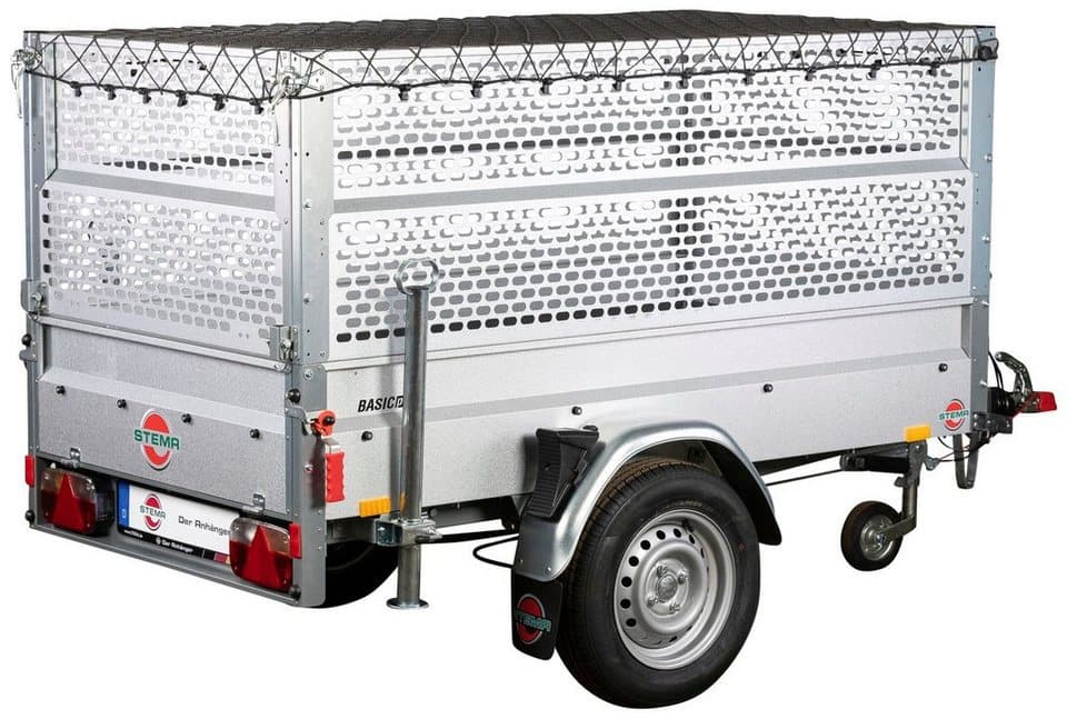 STEMA PKW-Anhänger BASIC Plus 1000, max. 766 kg, Set, Tieflader, gebremst, mit Gitteraufsatz - Bild 1