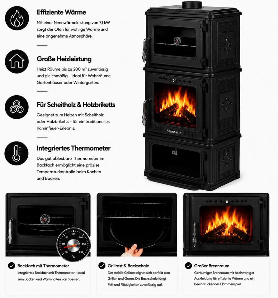 Hanseatic Kaminofen Minerva, 7,1 kW, Zeitbrand, Großer Feuerraum - Thumbnail 5