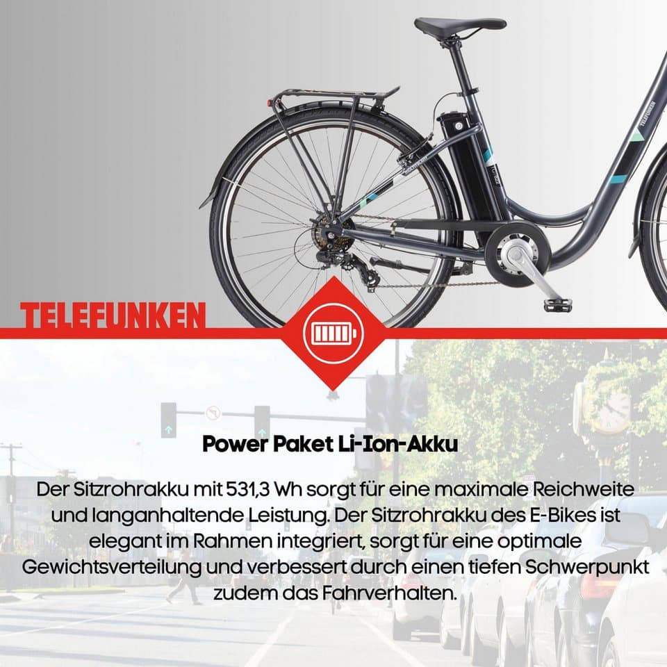Telefunken E-Bike Cityrad Multitalent RC822, 7 Gang Shimano Tourney Schaltwerk, Kettenschaltung, Frontmotor, 531,3 Wh, (Beleuchtung, Straßenzulassung, ca. 100 km Reichweite, 2 V-Bremsen), Elektrofahrrad, Damen Herren, 28 Zoll, 36,9 V, 531,3 Wh Akku, Pedelec - Thumbnail 4