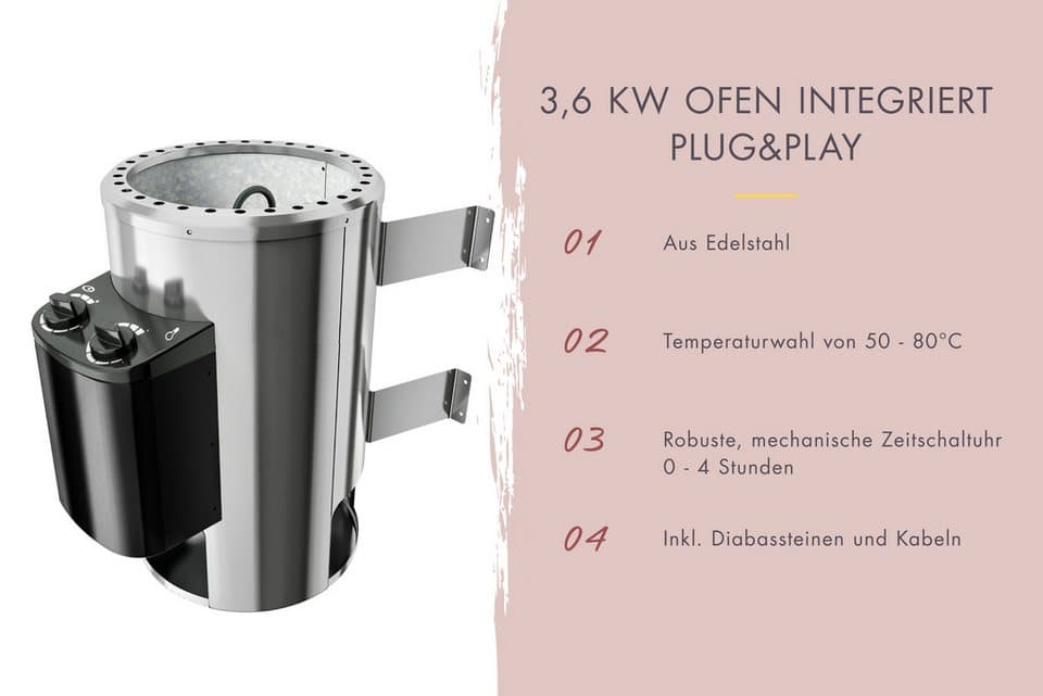 KONIFERA Fasssauna Lathy XXL, BxTxH: 225 x 385 x 229 cm, 38 mm, Plug&Play Saunaofen mit Steuerung 3,6 kW inkl. 18 Kilo Steinen - Thumbnail 6