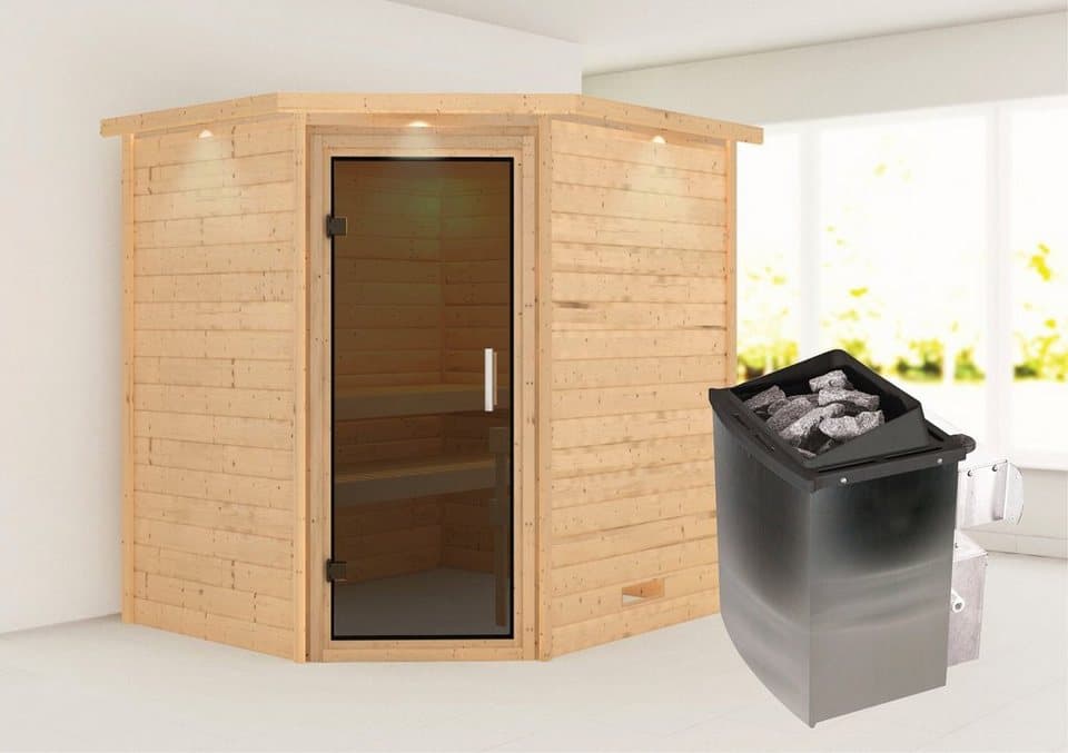 Karibu Sauna Mia (Fronteinstieg), BxTxH: 2240 x 1840 x 2020 cm, 38 mm, Ofen 9 kW integr. Strg