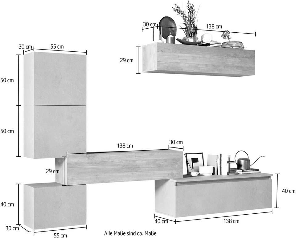Home affaire Wohnwand Infinity, 6tlg. Breite 290 cm, Höhe variabel, Schrankwand, (Lowboard, (6-St), Lowboard hängend, Hängeschrank, 2x Hängewürfel, Würfel-Element) - Thumbnail 4