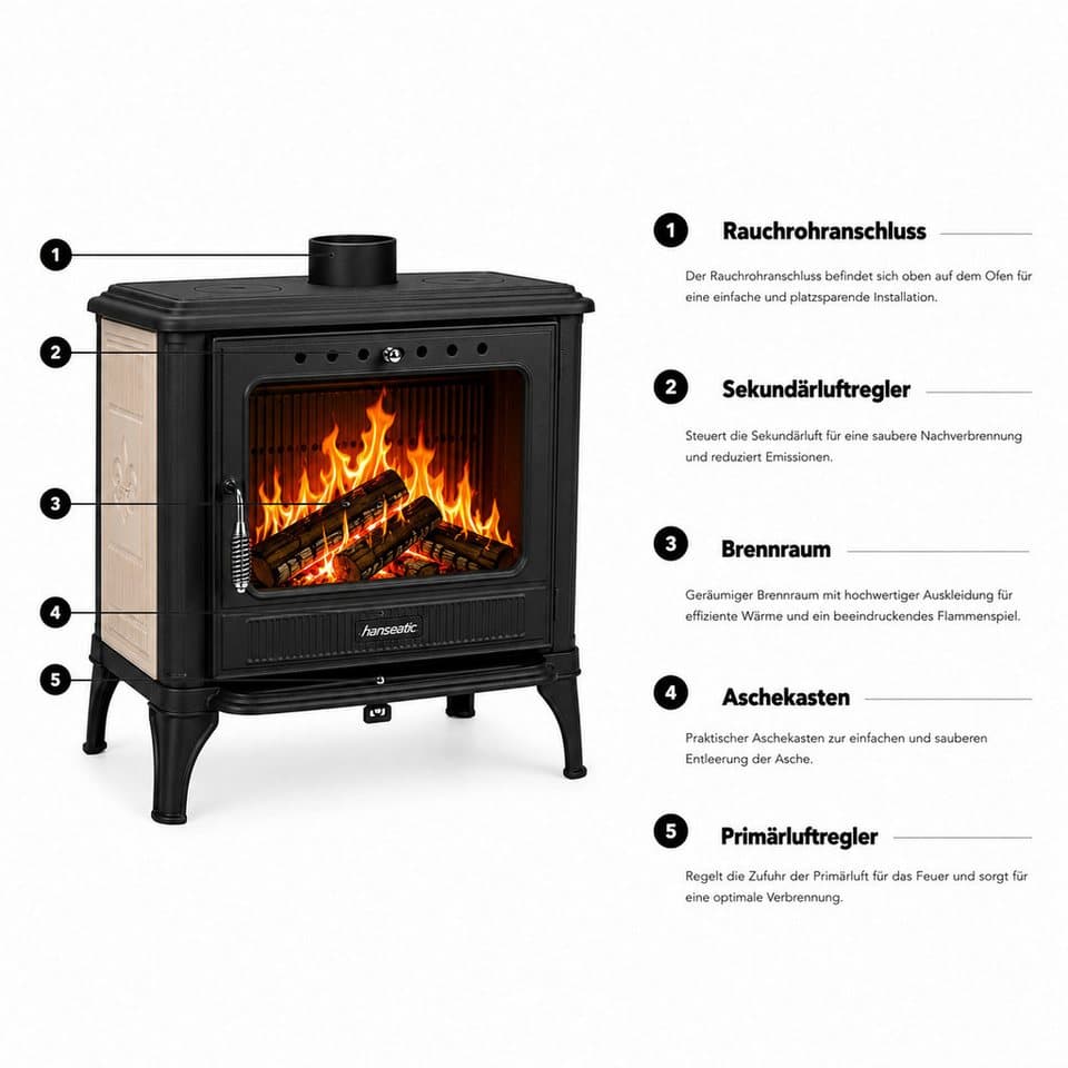Hanseatic Kaminofen Castor XXL Beige, 10,6 kW, Zeitbrand, Großer Feuerraum - Thumbnail 7