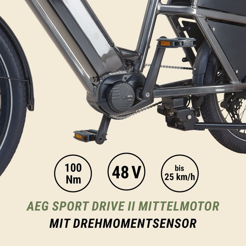 Prophete E-Bike Lastenrad Longtail - Urbanicer 4.0 inkl. 2 Sitzpolster, 9 Gang Shimano Cues Schaltwerk, Kettenschaltung, Mittelmotor, 720 Wh, Heck-Gepäckträger bis 80kg Zuladung, 10 Jahre Garantie auf den Rahmen - Thumbnail 6