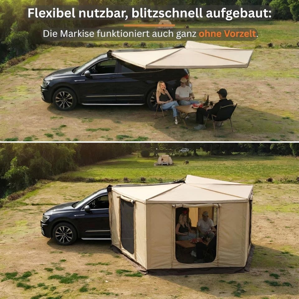 TZIpower Markisenvorzelt 270° Khaki Grau Automarkise/Zelt mit Vorzelt 200x200cm oder 250x200cm - Thumbnail 4