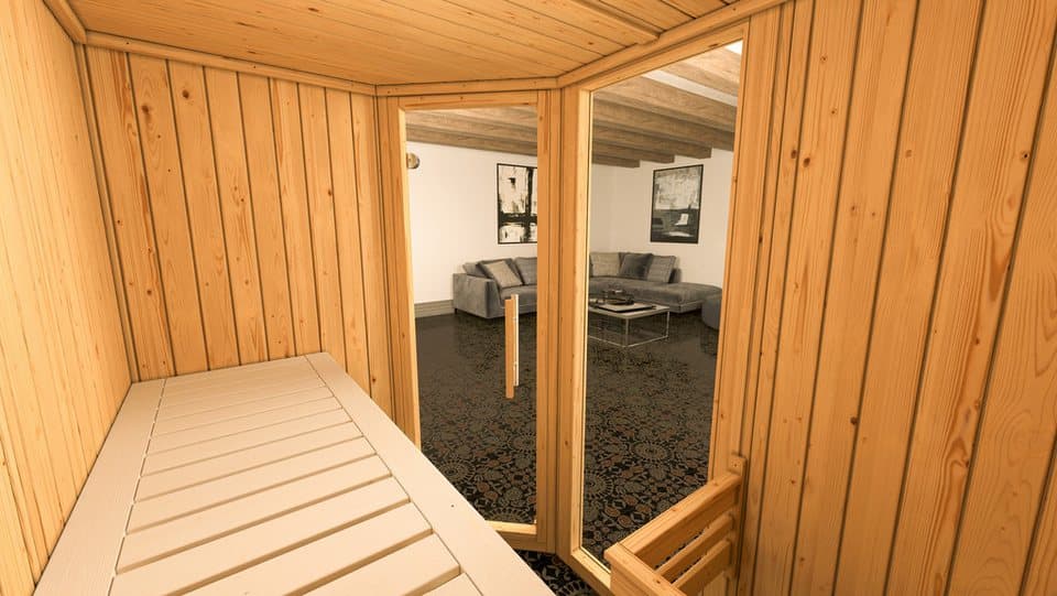 weka Sauna Element-Ecksauna VARBERG 1, BxTxH: 194 x 144 x 199 cm, 68 mm, vorgefertigte Elemente, Fensterelement, moderne Ganzglastür - Thumbnail 6