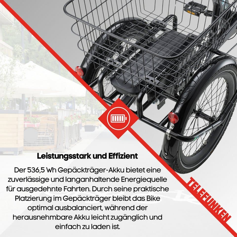 Telefunken E-Bike Dreirad TC550, 3 Gang Shimano Nexus Schaltwerk, Nabenschaltung, Frontmotor, 536,5 Wh, tiefer Einstieg, Pedelec, inkl. Einkaufskorb - Thumbnail 11
