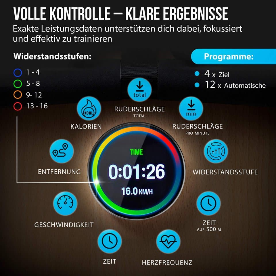 Christopeit Sport® Ruderzugmaschine WP 5000 Wasserrudergerät (Wasserwiderstand, Magnetwiderstand, Wassertank, Holz, Sport), Testsieger Stiftung Warentest Ausgabe 1/2025, Rudermaschine, Holz - Thumbnail 28