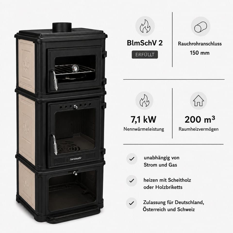 Hanseatic Kaminofen Minerva Beige, 7,1 kW, Zeitbrand, Großer Feuerraum - Thumbnail 5