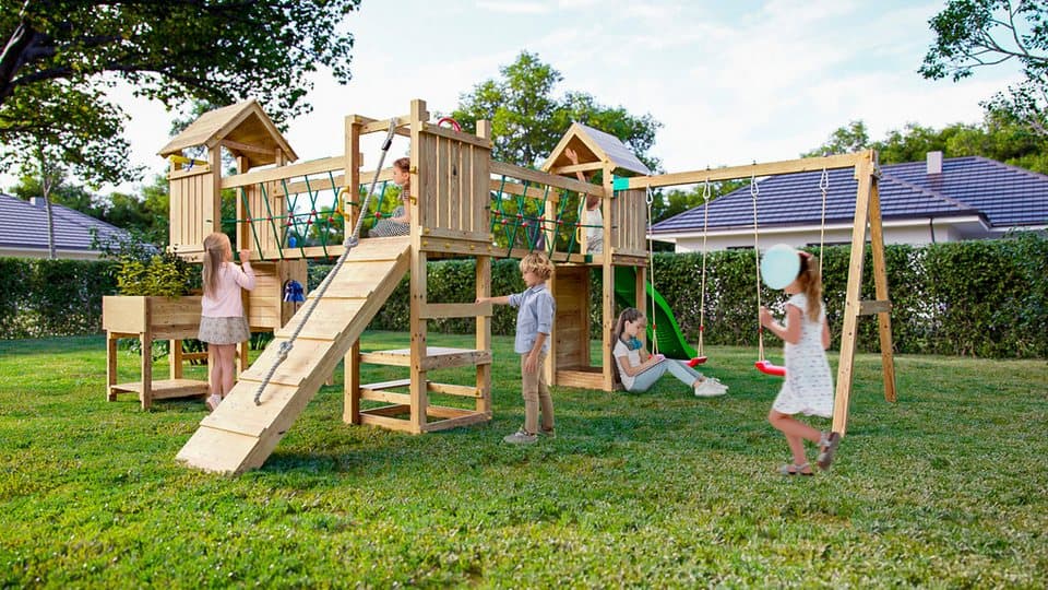 FUNGOO Spielturm Maxi Funny Optimizer, mit Rutsche, Schaukeln, Kletterwand + Seilbrücke, Made in Europe - Thumbnail 4