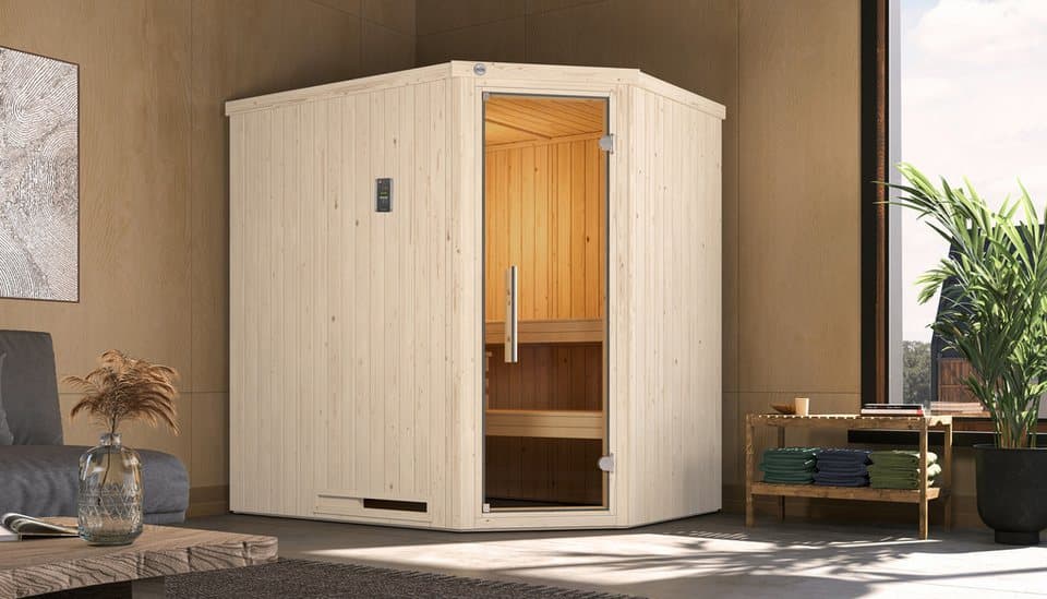 weka Sauna Element-Ecksauna VARBERG 1, BxTxH: 194 x 144 x 199 cm, 68 mm, vorgefertigte Elemente, moderne Ganzglastür - Thumbnail 2