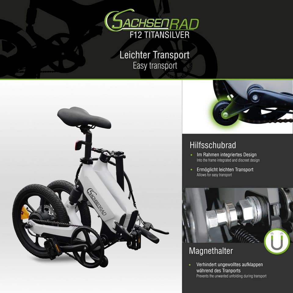 SachsenRAD E-Bike Faltrad F12, 1 Gang Shimano keine Schaltwerk, ohne Schaltung, Heckmotor, 190 Wh, LCD-Steuerdisplay, Fahrmodus Pedelec,  LED-Frontlicht, LED Rücklicht - Thumbnail 12