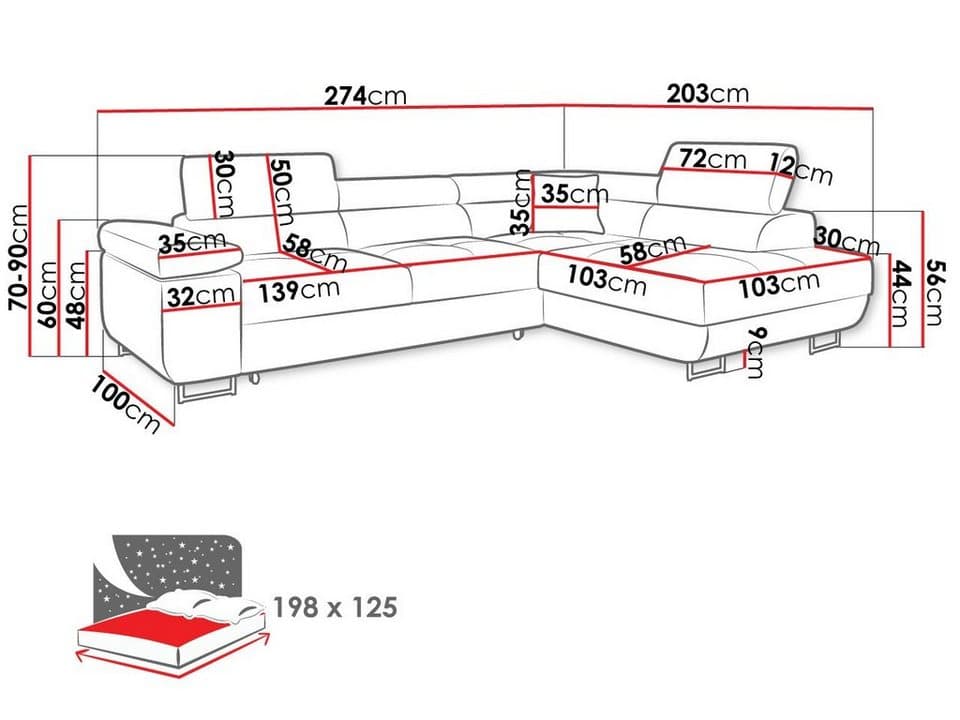 MIRJAN24 Ecksofa Torezio, mit Bettkasten und Schlaffunktion, Einstellbare Kopfstützen, 274x203x70-90 cm - Thumbnail 8