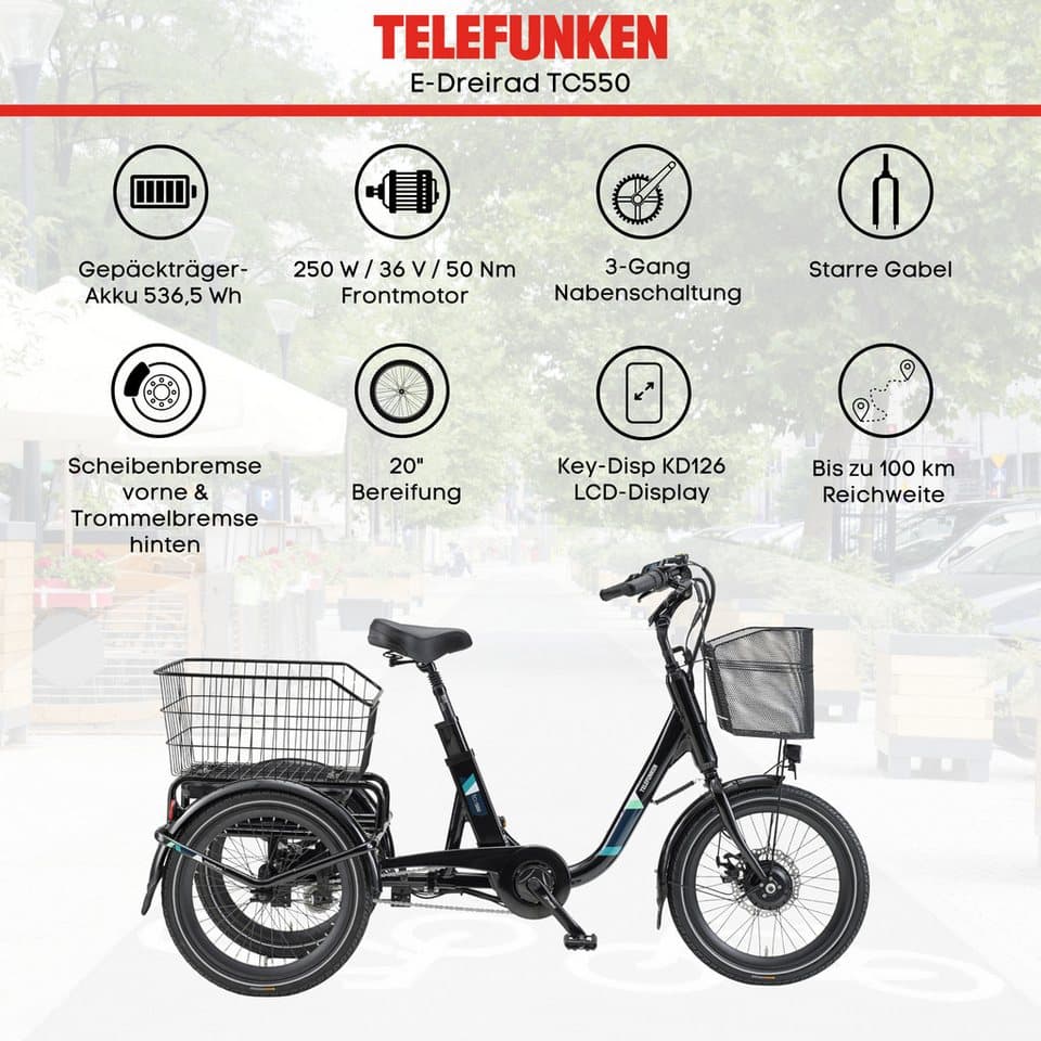 Telefunken E-Bike Dreirad TC550, 3 Gang Shimano Nexus Schaltwerk, Nabenschaltung, Frontmotor, 536,5 Wh, tiefer Einstieg, Pedelec, inkl. Einkaufskorb - Thumbnail 6