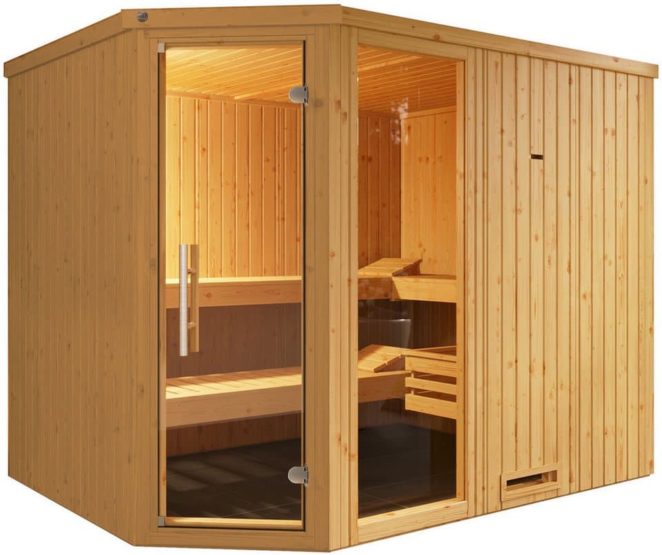 weka Sauna Element-Ecksauna VARBERG 4, BxTxH: 244 x 194 x 199 cm, 68 mm, vorgefertigte Elemente, Fensterelement, moderne Ganzglastür - Bild 1