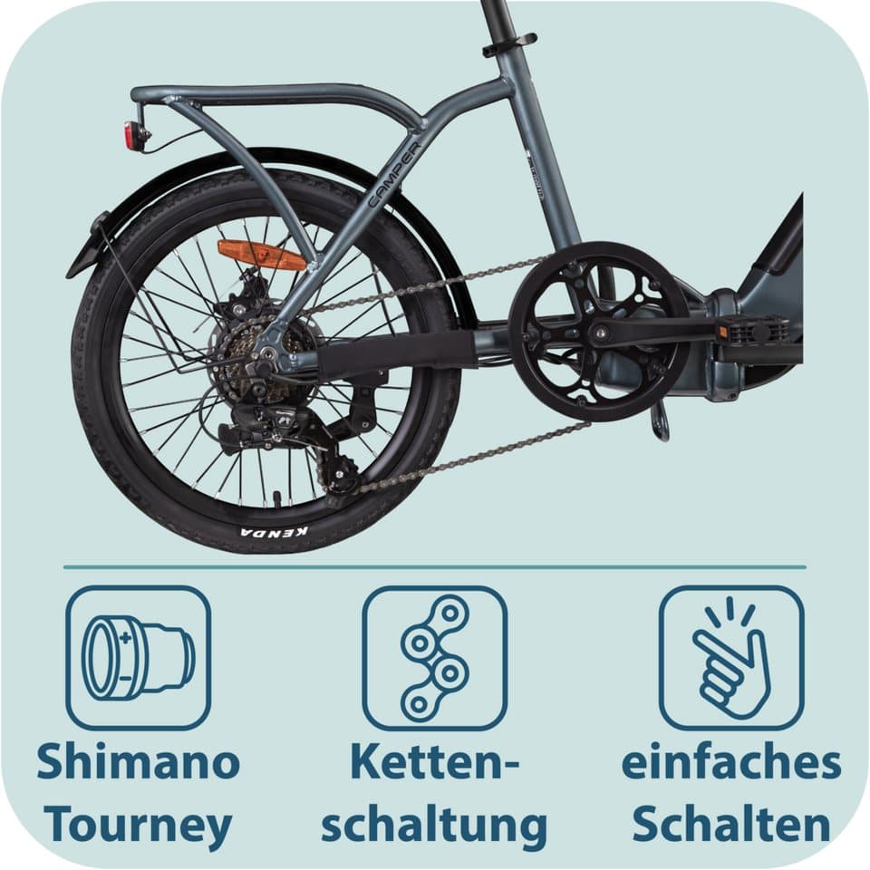 Tretwerk E-Bike Faltrad Camper, 7 Gang Shimano Tourney TY300 Schaltwerk, Kettenschaltung, Heckmotor, 468 Wh - Thumbnail 6