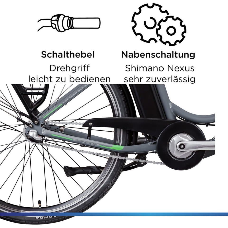 Zündapp E-Bike Cityrad Z510, 3 Gang Shimano Nexus SC-3C41 Schaltwerk, Nabenschaltung, Frontmotor, 531 Wh, (mit Frontkorb), Pedelec, Elektrofahrrad für Damen u. Herren - Thumbnail 6