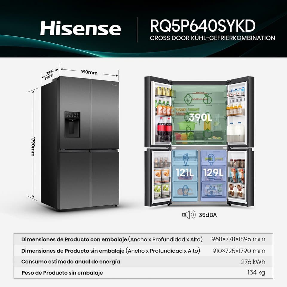 Hisense Multi Door RQ5P640SYKD, 179 cm hoch, 91 cm breit, DualTech-Kühlsystem, MetalCooling, Wasser-/Eisspender - Thumbnail 13