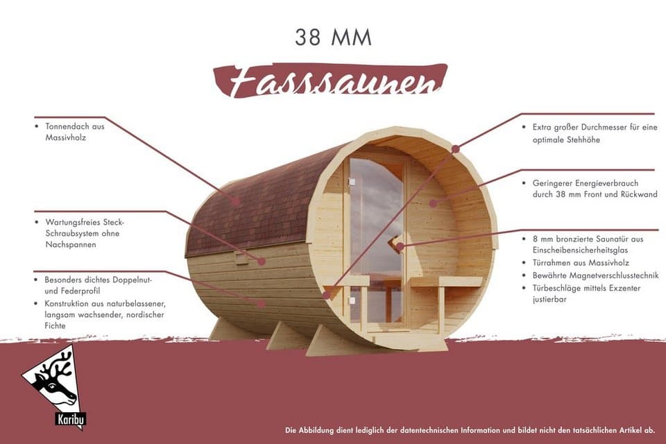 Karibu Fasssauna naturbelassen mit Ofen 9 kW Bio ext. Strg., BxTxH: 225 x 295 x 229 cm, 38 mm, Ofen 9 kW Bio externe Strg easy - Thumbnail 9