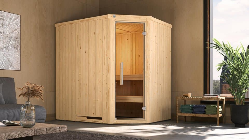 weka Sauna Element-Ecksauna VARBERG 1, BxTxH: 194 x 144 x 199 cm, 68 mm, vorgefertigte Elemente, moderne Ganzglastür - Thumbnail 2