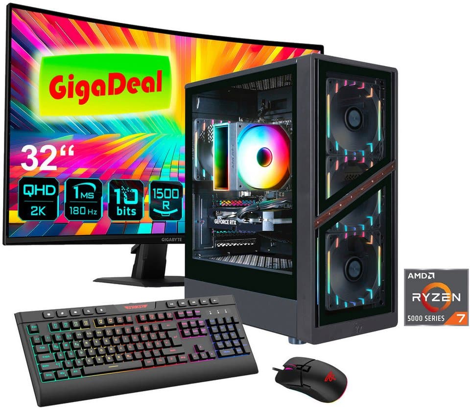 GAMEMAX GigaDeal AERIS GB 2805 AMD Ryzen 7 5700X 32GB 1TB SSD RTX 5070 Gaming-PC-Komplettsystem (32", AMD Ryzen 7 5700X, RTX 5070, 32 GB RAM, 1000 GB SSD, Windows 11 + Gigabyte GS32QCA LED-Monitor Curved, 80 cm 32) - Bild 1