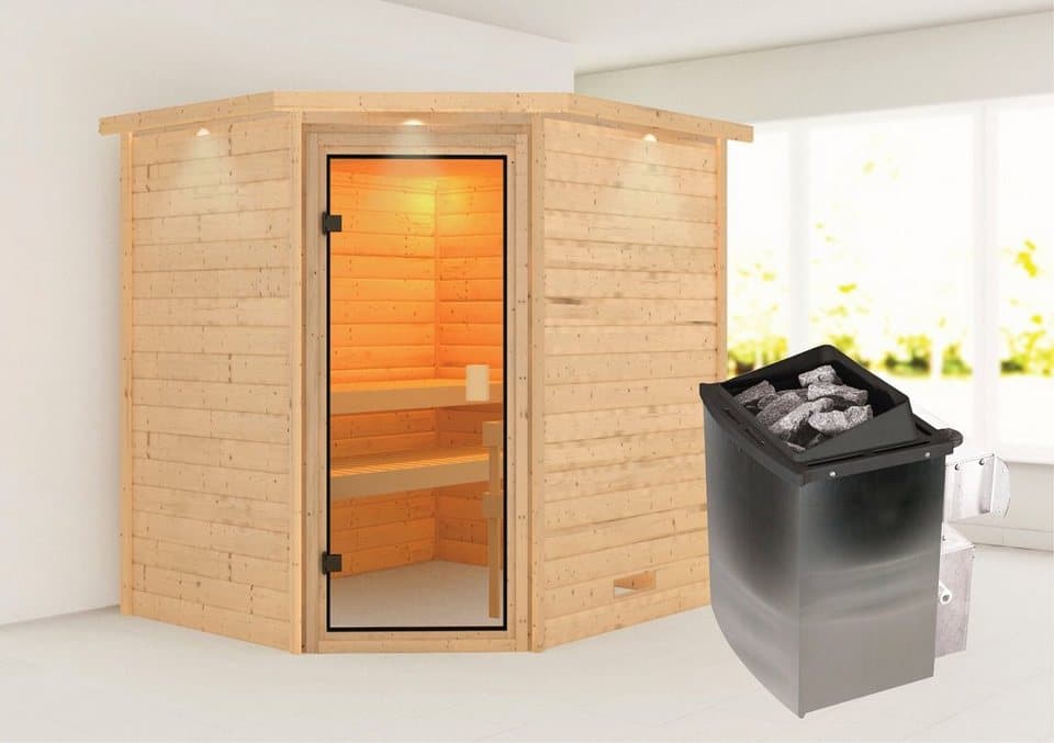 Karibu Sauna Mia (Fronteinstieg), BxTxH: 2240 x 1840 x 2020 cm, 38 mm, Ofen 9 kW integr. Strg