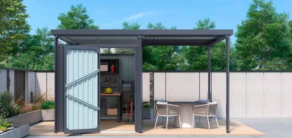 KONIFERA Gerätehaus Gartenhaus Stefano mini, BxT: 403x245 cm, (Set), Stahl, mit seitlichem Anbau