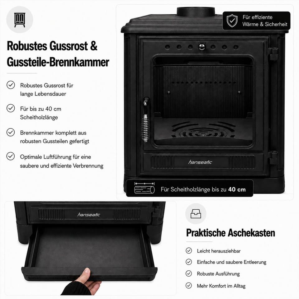 Hanseatic Kaminofen Minerva, 7,1 kW, Zeitbrand, Großer Feuerraum - Thumbnail 7