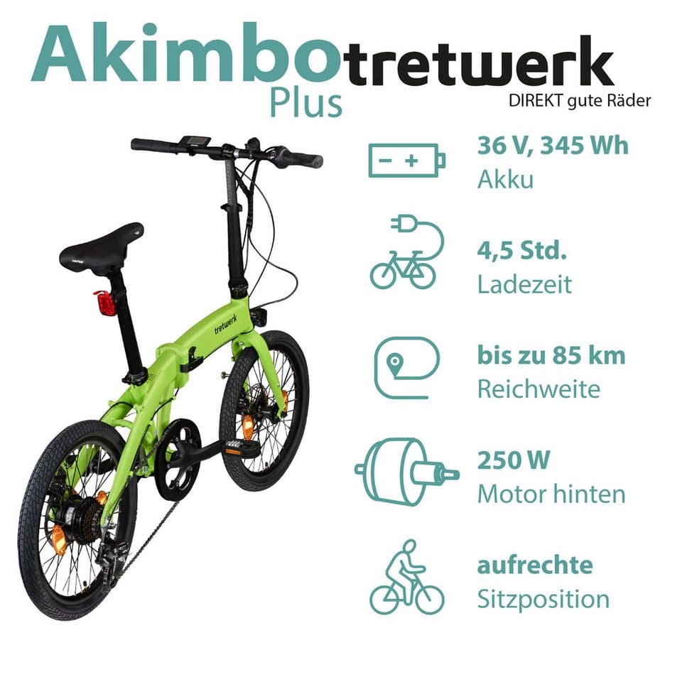 Tretwerk E-Bike Faltrad Akimbo Plus, 7 Gang Shimano Tourney Schaltwerk, Kettenschaltung, Heckmotor, 345 Wh, Pedelec, Elektrofahrrad für Damen und Herren - Thumbnail 3