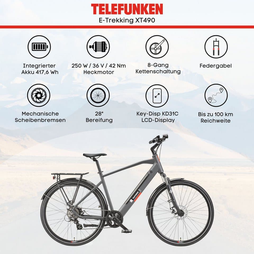 Telefunken E-Bike Trekkingrad E-Trekking Expedition XT490 Herren, 8 Gang Shimano Altus Schaltwerk, Kettenschaltung, Heckmotor, 417,6 Wh, Pedelec, Elektrofahrrad, Herren, innerhalb StVZO, 28 Zoll - Thumbnail 5