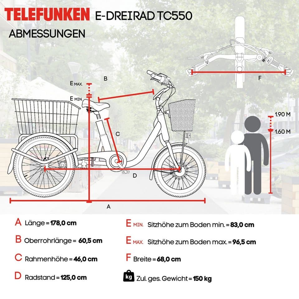 Telefunken E-Bike Dreirad TC550, 3 Gang Shimano Nexus Schaltwerk, Nabenschaltung, Frontmotor, 536,5 Wh, tiefer Einstieg, Pedelec, inkl. Einkaufskorb - Thumbnail 12